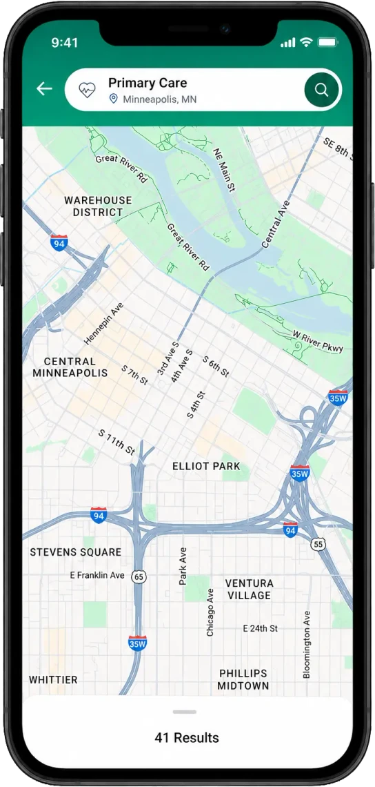 Coupe Health mobile app showing provider search map
